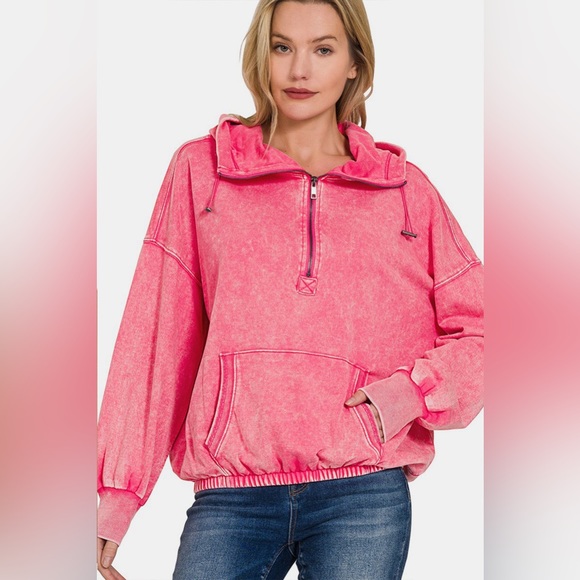 🔥SOLD OUT- Zenana Drawstring Half Zip Dropped Shoulder Hoodie - Picture 2 of 3